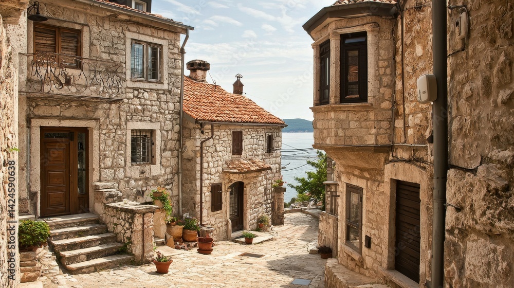 Fototapeta premium Charming European seaside street scene in a historic coastal town with winding cobblestone pathways, stone and terracotta-roofed buildings, lush foliage, overlooking the tranquil sea