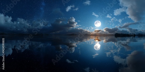 High-resolution HDRI map serving as an environment map for equirectangular projection and spherical panorama, used as a 3D illustration background featuring a blue night sky with a bright moon and