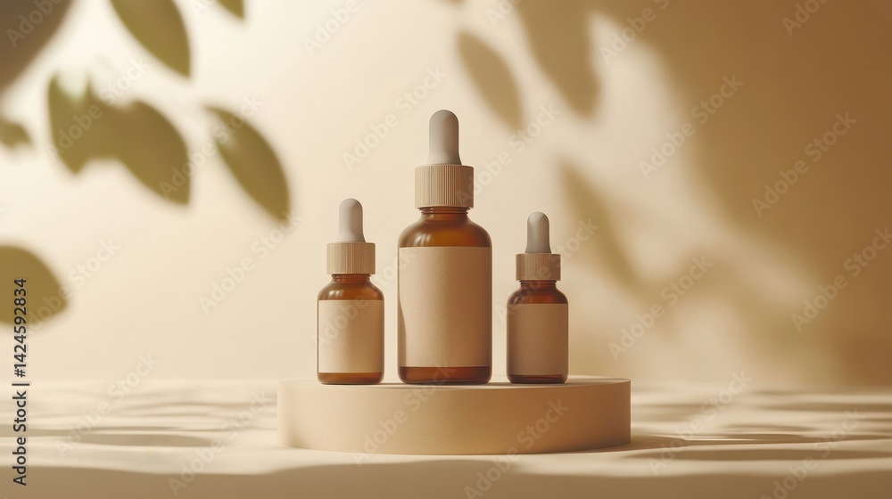Minimalist amber dropper bottles on beige pedestal with leaf shadows Minimalist amber dropper bottles on beige pedestal with leaf shadows