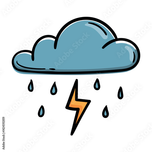 Cloud, rain, thunderstorm. Weather forecast icon. Vector illustration for print, sticker, app. Hand drawn sign, symbol isolated on white background