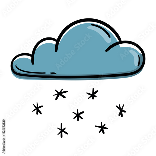 Cloud, snow. Weather forecast icon. Vector illustration for print, sticker, app. Hand drawn sign, symbol isolated on white background