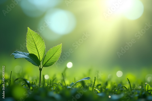 A small green plant with two leaves emerges from lush grass, illuminated by warm sunlight in a serene outdoor setting. Generative AI.
