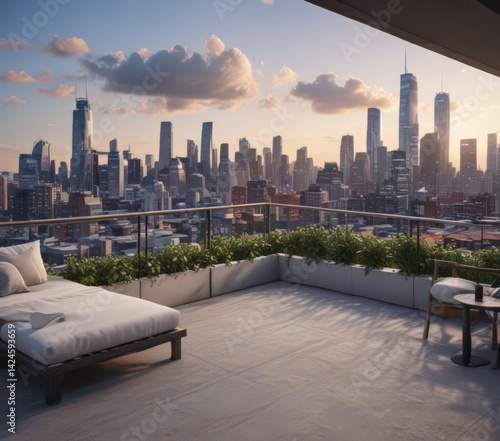 Wallpaper Mural Modern apartment, city skyline view from rooftop terrace, balcony, living Torontodigital.ca