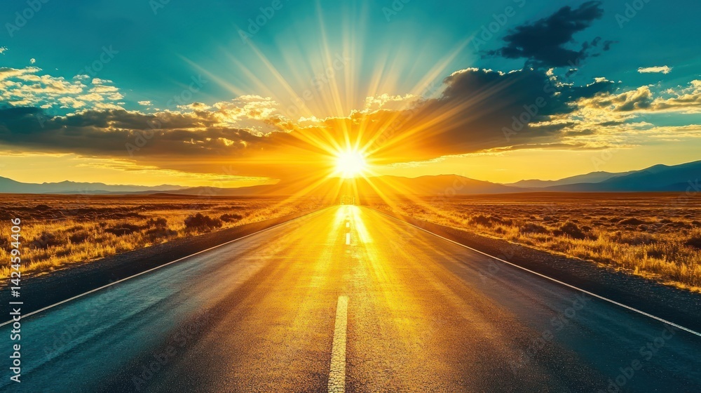 Naklejka premium Golden Hour Road Trip: A Majestic Sunset on an Open Highway
