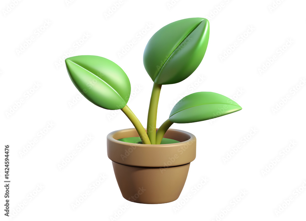 3D Render Glossy Green Leaves in Brown Pot Image Isolated on Transparent Background. Cartoon Plastic Style Icon. 3D Render Glossy Green Leaves in Brown Pot Image Isolated on Transparent Background. Cartoon Plastic Style Icon.