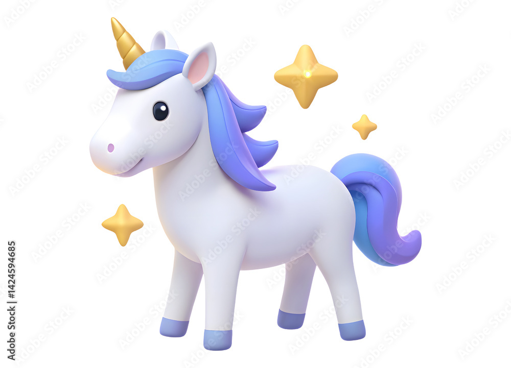 3D Render Unicorn with Blue and Purple Mane, Golden Horn, and Yellow Stars Image Isolated on Transparent Background. Cartoon Plastic Style Icon. 3D Render Unicorn with Blue and Purple Mane, Golden Horn, and Yellow Stars Image Isolated on Transparent Background. Cartoon Plastic Style Icon.