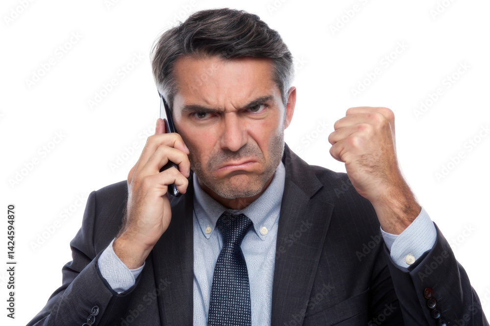 Frustrated businessman on phone expressing anger and disappointment during a challenging conversation Frustrated businessman on phone expressing anger and disappointment during a challenging conversation