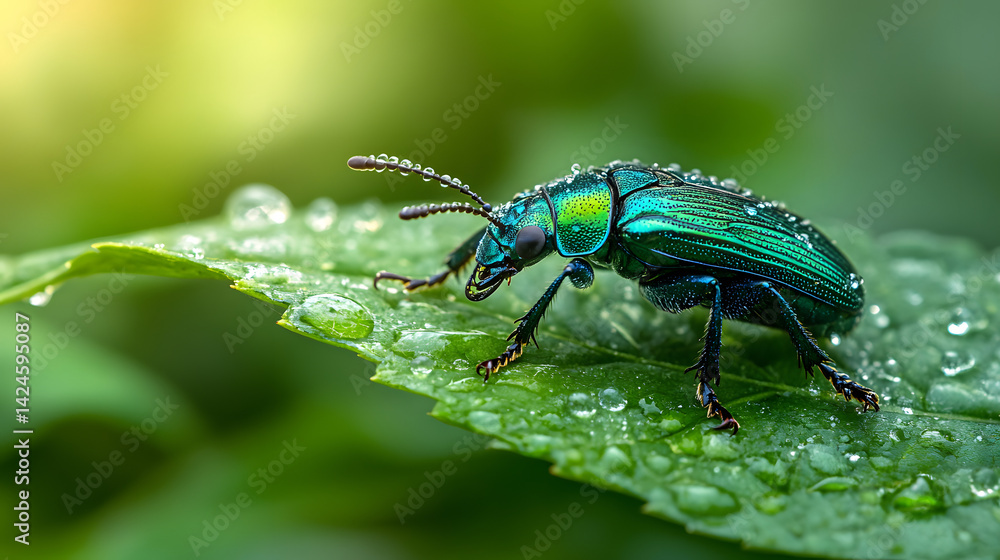 Naklejka premium A brilliant beetle with iridescent turquoise wings resting on a leaf in the morning dew.