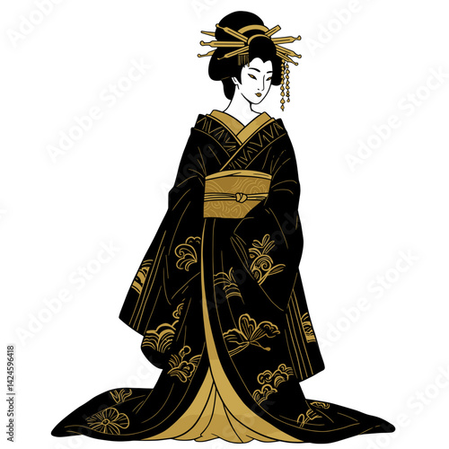 Elegant geisha figure in a black kimono with gold embroidery and traditional hairstyle