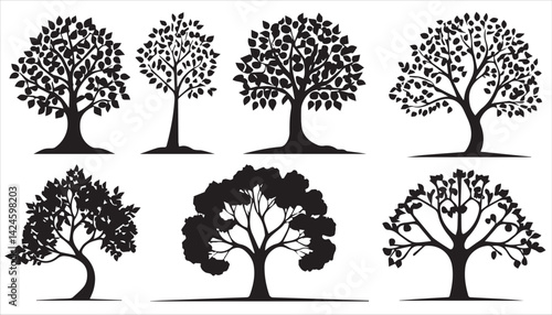 A vector illustration showcases a set of tree silhouettes, artistic symbols of nature's leafy branches, perfect for spring or autumn design