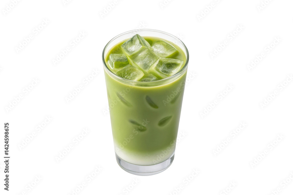 Refreshing green matcha drink served in a tall glass with ice cubes on a sunny day, perfect for summer enjoyment and relaxation Refreshing green matcha drink served in a tall glass with ice cubes on a sunny day, perfect for summer enjoyment and relaxation