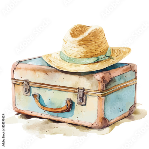 Vintage suitcase and summer hat on sandy beach, watercolor illustration, isolated on a white background.

