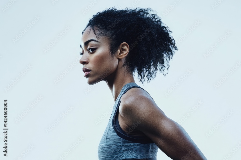 A strong, determined female athlete, captured in profile, exudes power and athleticism. A strong, determined female athlete, captured in profile, exudes power and athleticism.
