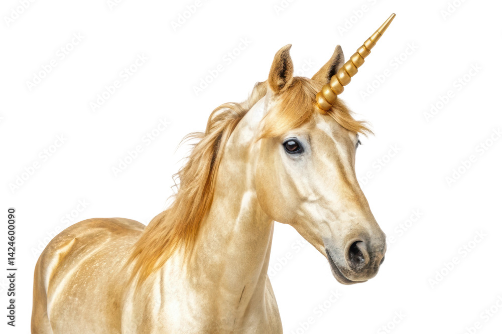 Obraz premium Golden unicorn with a shimmering horn displaying a majestic presence against a neutral backdrop for fantasy themes or designs
