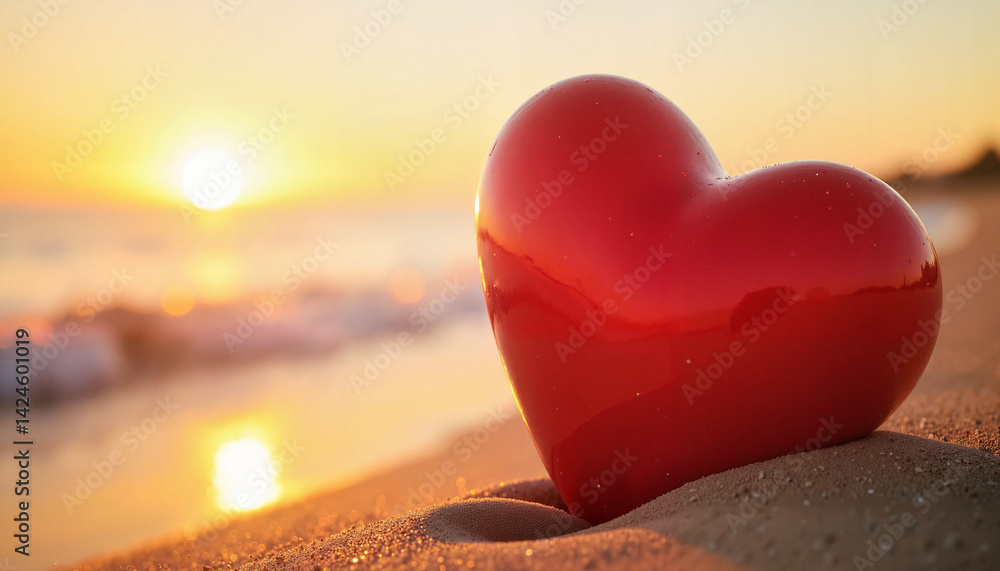 Fototapeta premium Glossy red heart on sandy beach at sunset, romantic symbolism