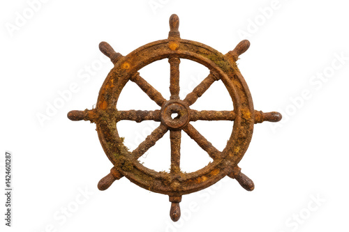 Nautical theme with a rustic ship wheel featuring a weathered texture and organic details for maritime decor use photo