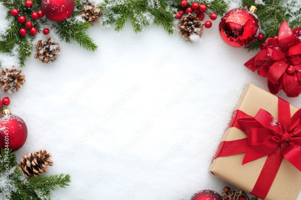 Festive Christmas Border: Red Ornaments, Gift, and Snow Festive Christmas Border: Red Ornaments, Gift, and Snow