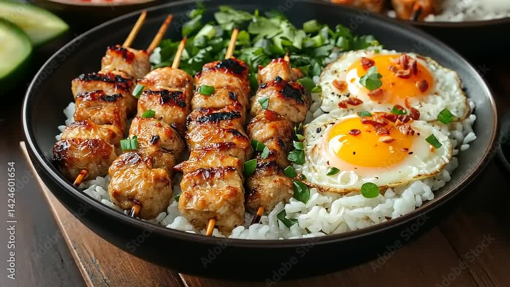 Bowl Skewers, rice, eggs, and greens Bowl Skewers, rice, eggs, and greens