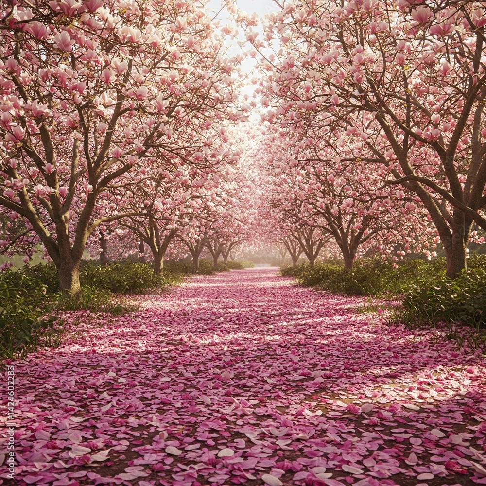 Naklejka premium Spring pathway with pink petals and blooming magnolia trees natural beauty