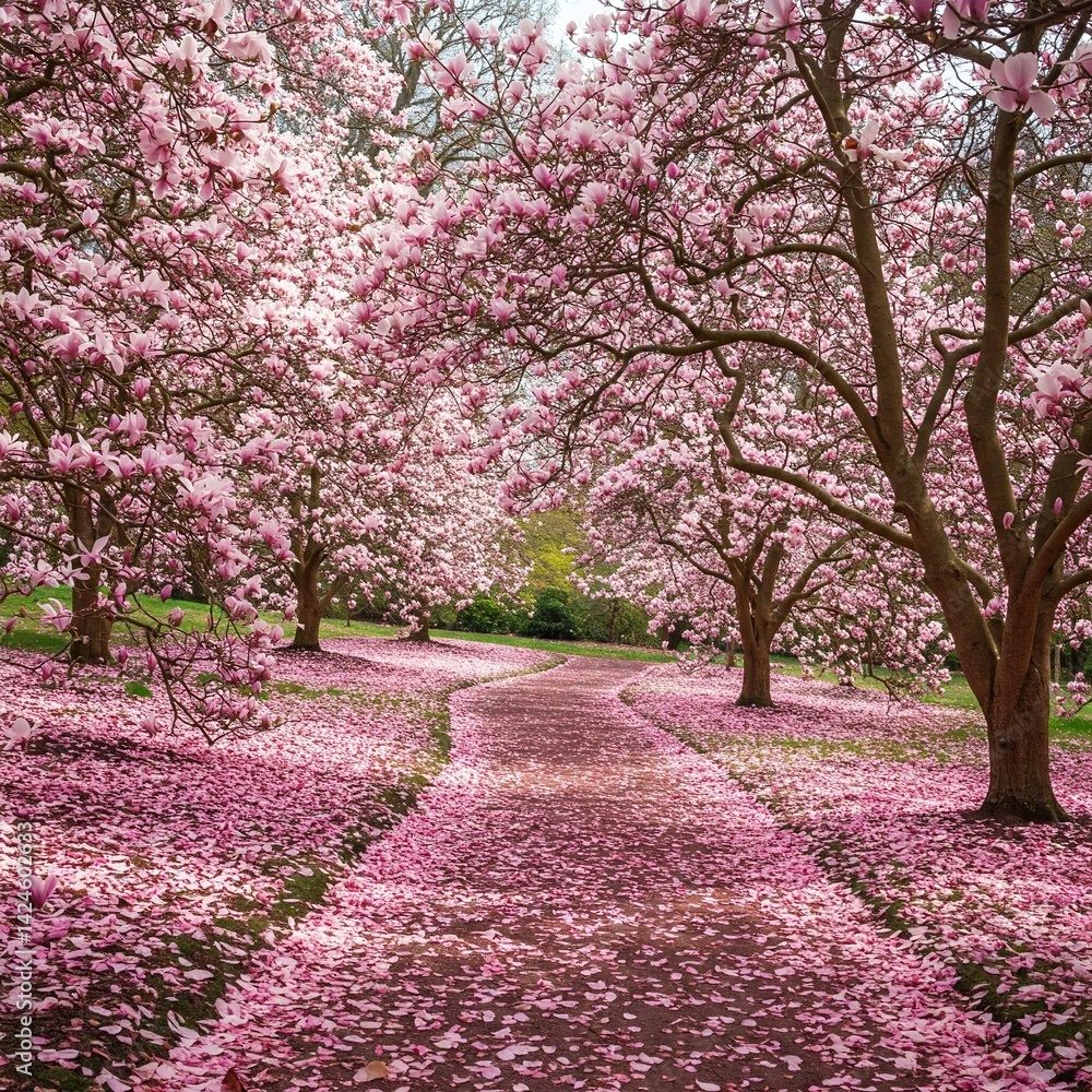 Naklejka premium Romantic floral pathway under blooming pink magnolia trees spring scene