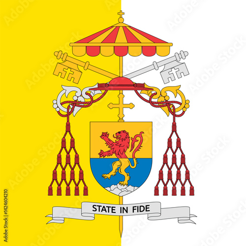 Coat of arms of the camerlengo of the Vatican City State 2025 on the Holy See flag, vector illustration