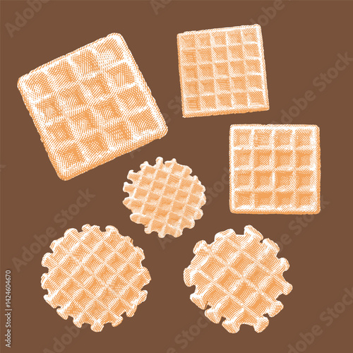Waffle vector, waffle illustration, line drawing on brown background.