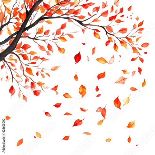 Vibrant red and orange leaves falling from the trees, watercolor illustration, isolated on a white background.

