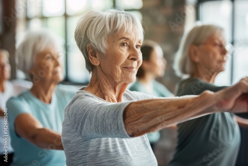 A group of seniors engage in a stretching class, lifting their arms and focusing on flexibility, strength, and social connection