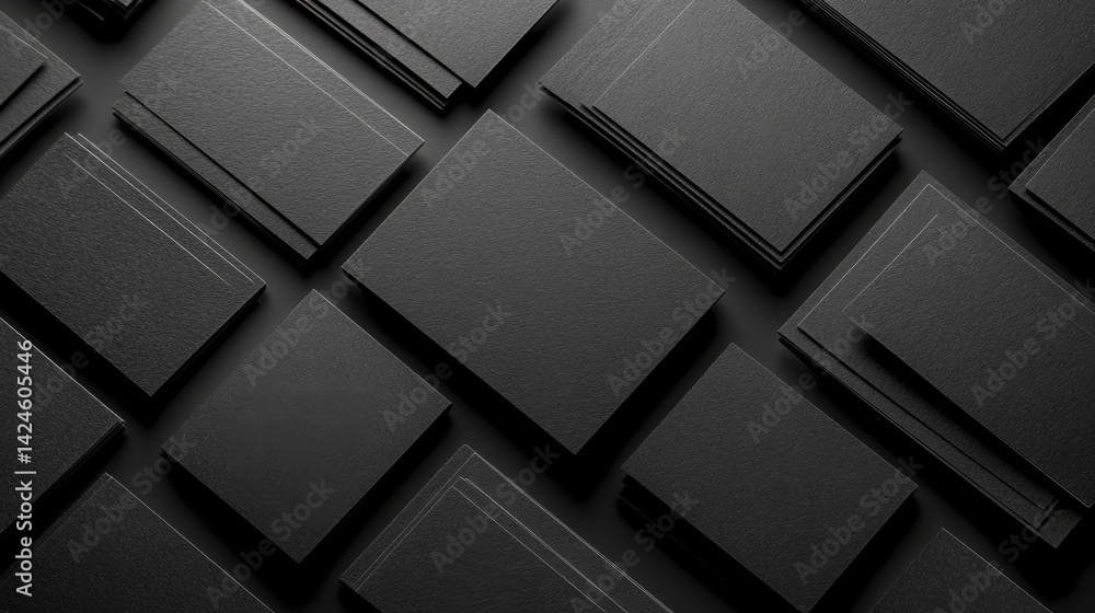 Fototapeta premium Black textured business cards arranged in pattern on dark background.
