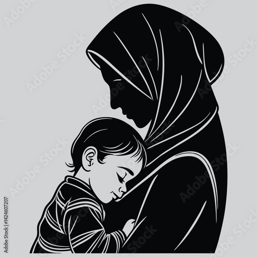  Wearing hijab Mother holding toddler close image silhouette design vector art and illustration	