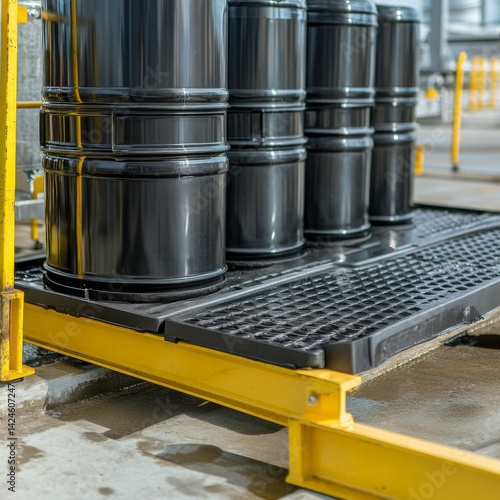 A polyethylene spill containment pallet holding barrels, ensuring safety and environmental protection for the surrounding area