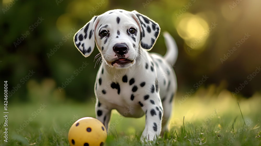 A Dalmatian dog with distinct black spots, playing with a frisbee in a green field. A Dalmatian dog with distinct black spots, playing with a frisbee in a green field.