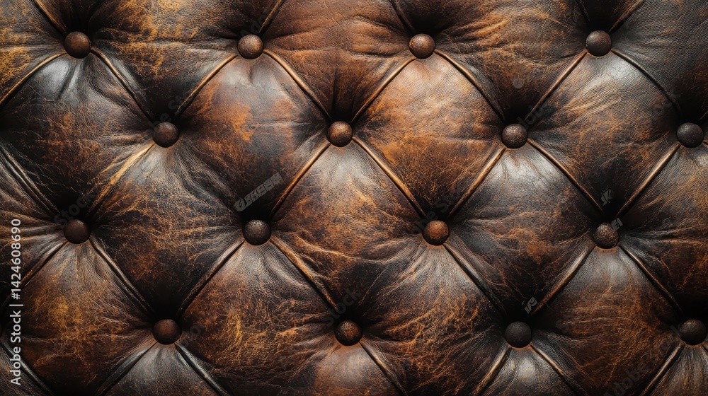 Fototapeta premium Vintage brown leather upholstery with button tufted pattern and texture