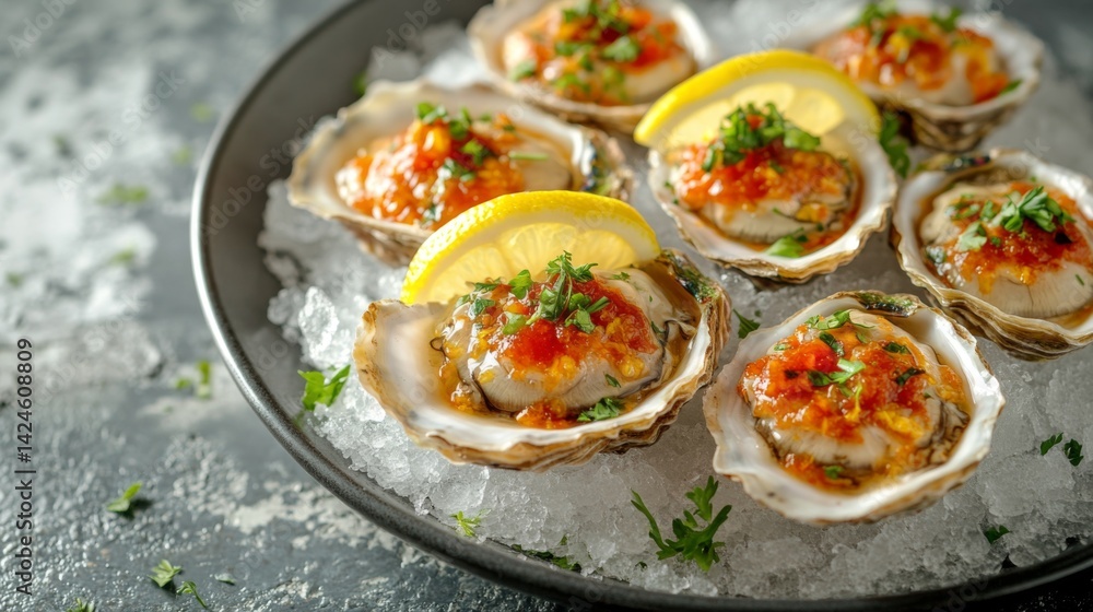An artistic shot of fresh oysters on the half shell, garnished with lemon slices, cocktail sauce, and a sprinkle of herbs, presented on a bed of crushed ice. An artistic shot of fresh oysters on the half shell, garnished with lemon slices, cocktail sauce, and a sprinkle of herbs, presented on a bed of crushed ice.