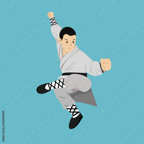 Kungfu Boy Performing Flying Kick Pose
