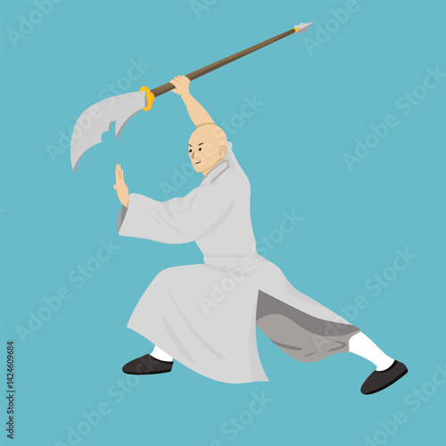 Kungfu Boy Doing Staff Guard Pose 