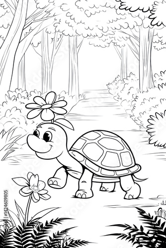 Cute Printable Forest Turtle Coloring Page for Kids
