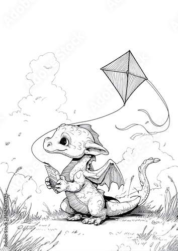 Baby Dragon Flying Kite Coloring Page – Printable Kids Fantasy Art