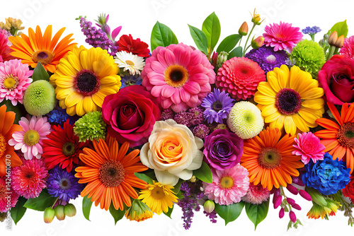 A vibrant floral arrangement featuring various colorful flowers creating a beautiful border effect for design projects isolated on white background PNG