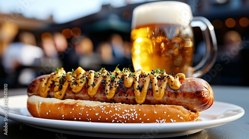German-style bratwurst with stone-ground mustard, pretzel bun, beer stein in background