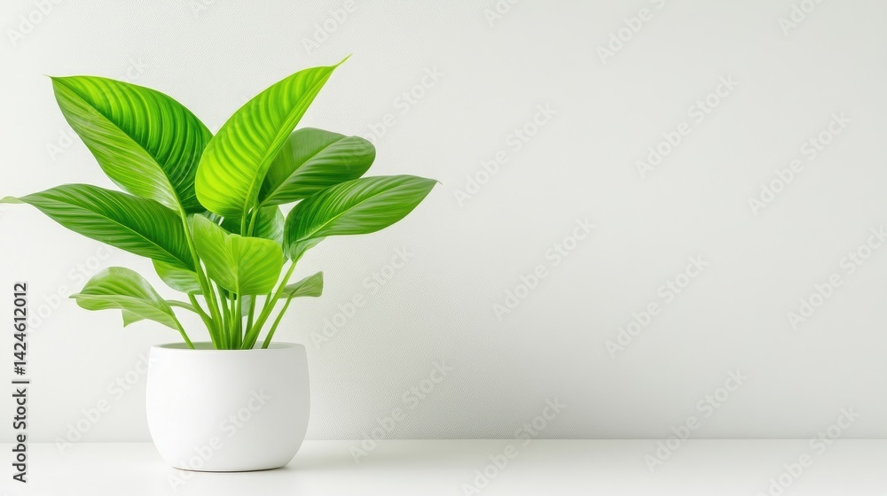 A vibrant green potted plant sitting on a white shelf against a plain background, minimalistic indoor decor concept, and bright and fresh. A vibrant green potted plant sitting on a white shelf against a plain background, minimalistic indoor decor concept, and bright and fresh.
