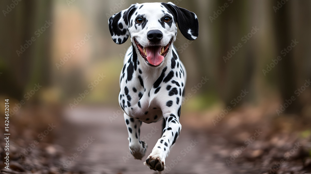 A Dalmatian dog with its unique black spots, running through a forest with excitement.