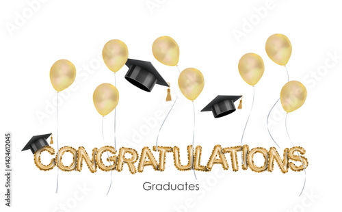graduate cap and flying golden air ballons on white background Caps thrown up and air ballons 3d style design of congratulation graduates vector illustration