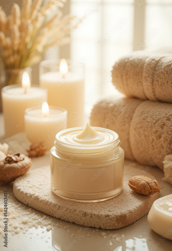 Luxurious spa setting with skincare cream and candles. Luxurious spa setting with skincare cream and candles.