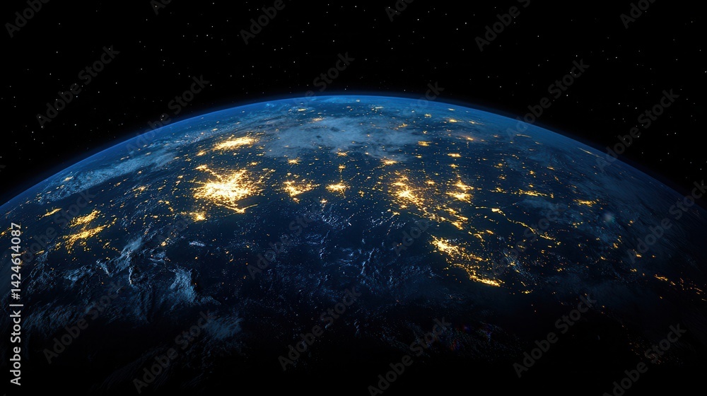 Fototapeta premium Earth at night: illuminated cities and starry sky from space