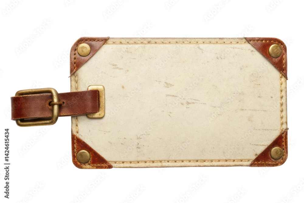 Fototapeta premium Vintage luggage tag for travel and adventure with leather strap and metal accents designed for personalization