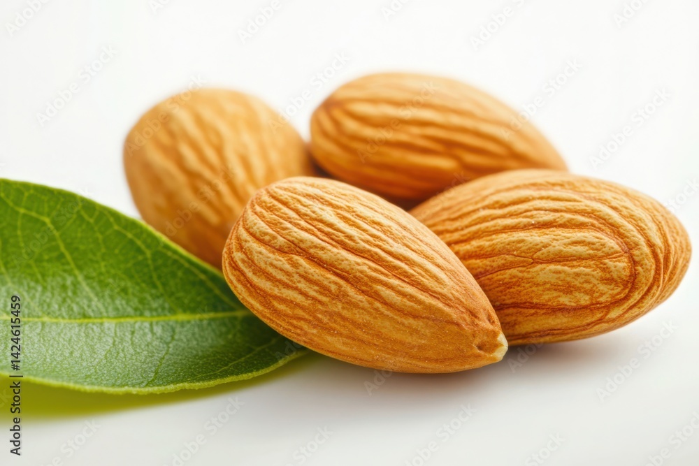 Pile of almonds with leaf detail on white background Pile of almonds with leaf detail on white background
