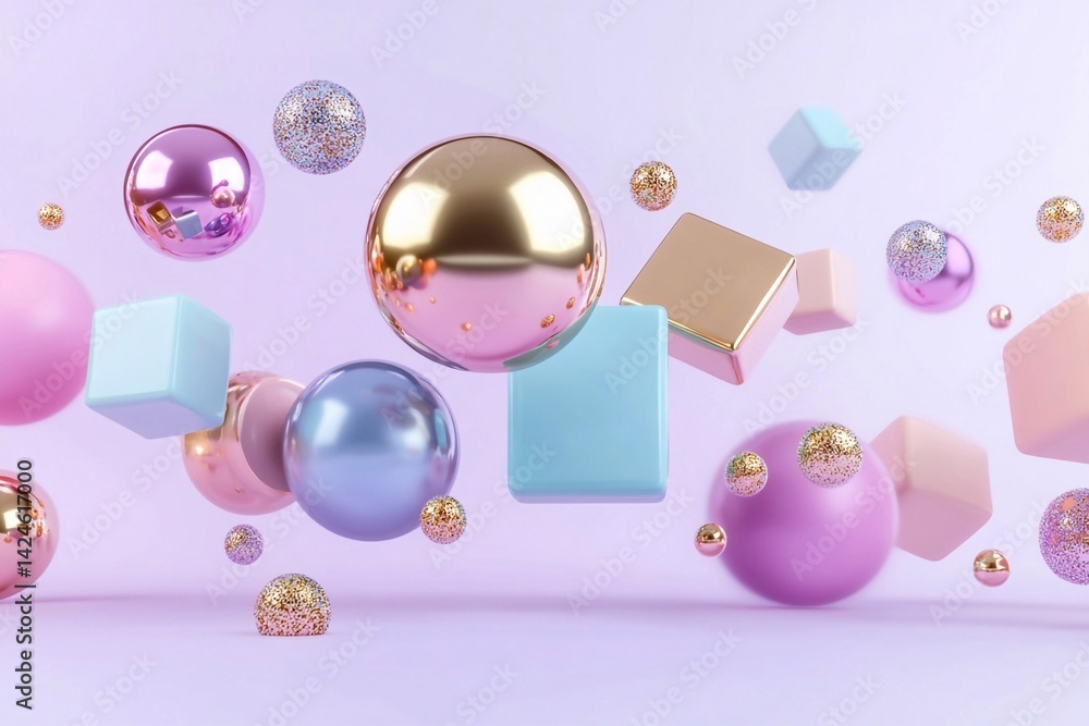 3D rendering of various geometric shapes floating in the air, with a color palette of pink, purple, blue, and gold.
3D rendering of various geometric shapes floating in the air, with a color palette of pink, purple, blue, and gold.