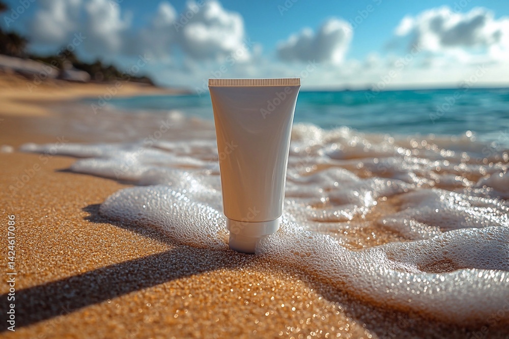 A clean tube of cream stands upright on warm golden sand, with soft waves of turquoise sea visible in the background.
A clean tube of cream stands upright on warm golden sand, with soft waves of turquoise sea visible in the background.