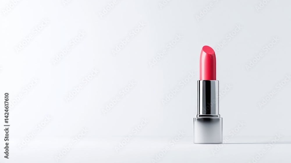 A vibrant pink lipstick standing upright on a clean white surface, minimalist composition with soft lighting, and beauty and cosmetics concept. A vibrant pink lipstick standing upright on a clean white surface, minimalist composition with soft lighting, and beauty and cosmetics concept.